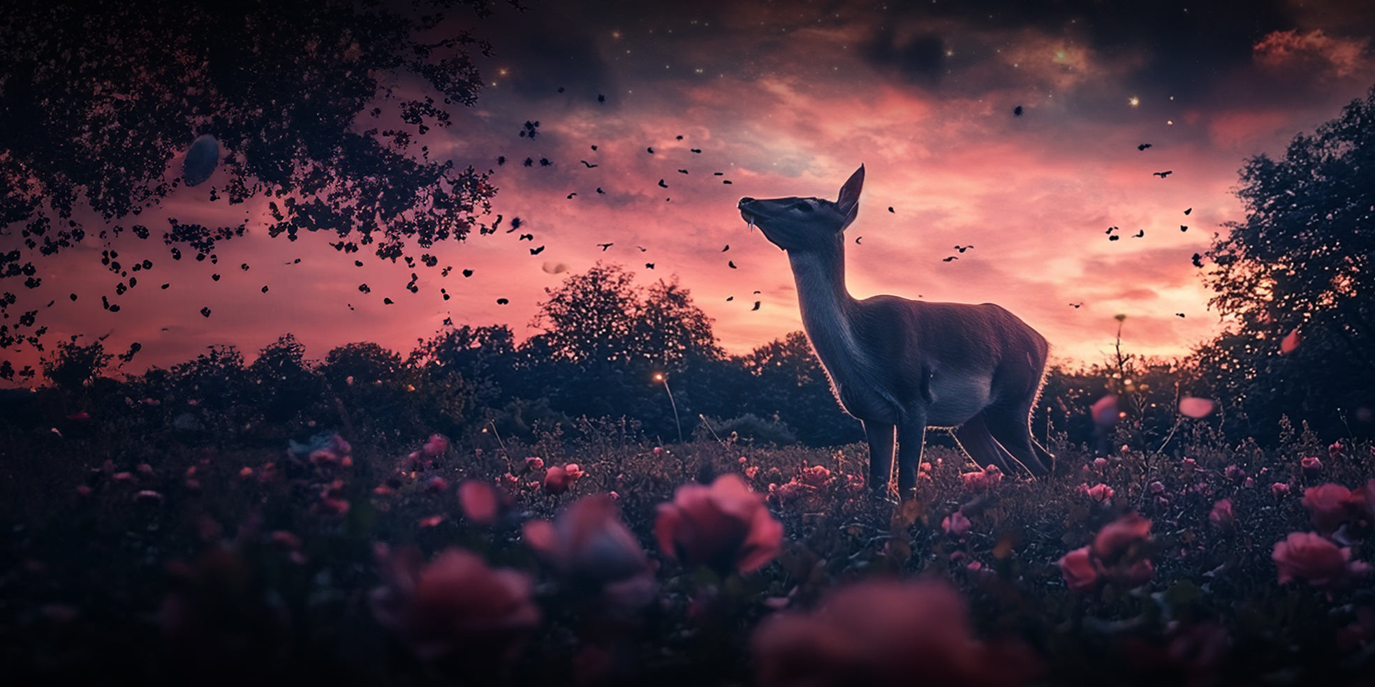 A majestic deer stands poised in a field of blooming florals under a twilight sky, evoking the rare beauty and stillness that inspire SULAYM’s artisanal fragrances — where nature’s poetry meets olfactory elegance.