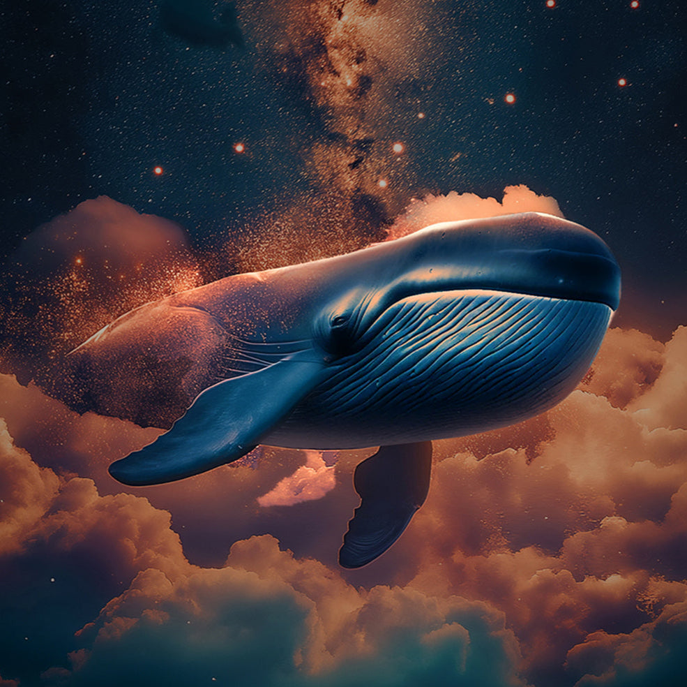 A blue whale floating among clouds and stars in a night sky, with glowing light effects and a cosmic atmosphere — representing the immersive, luxurious world of SULAYM fragrances.
