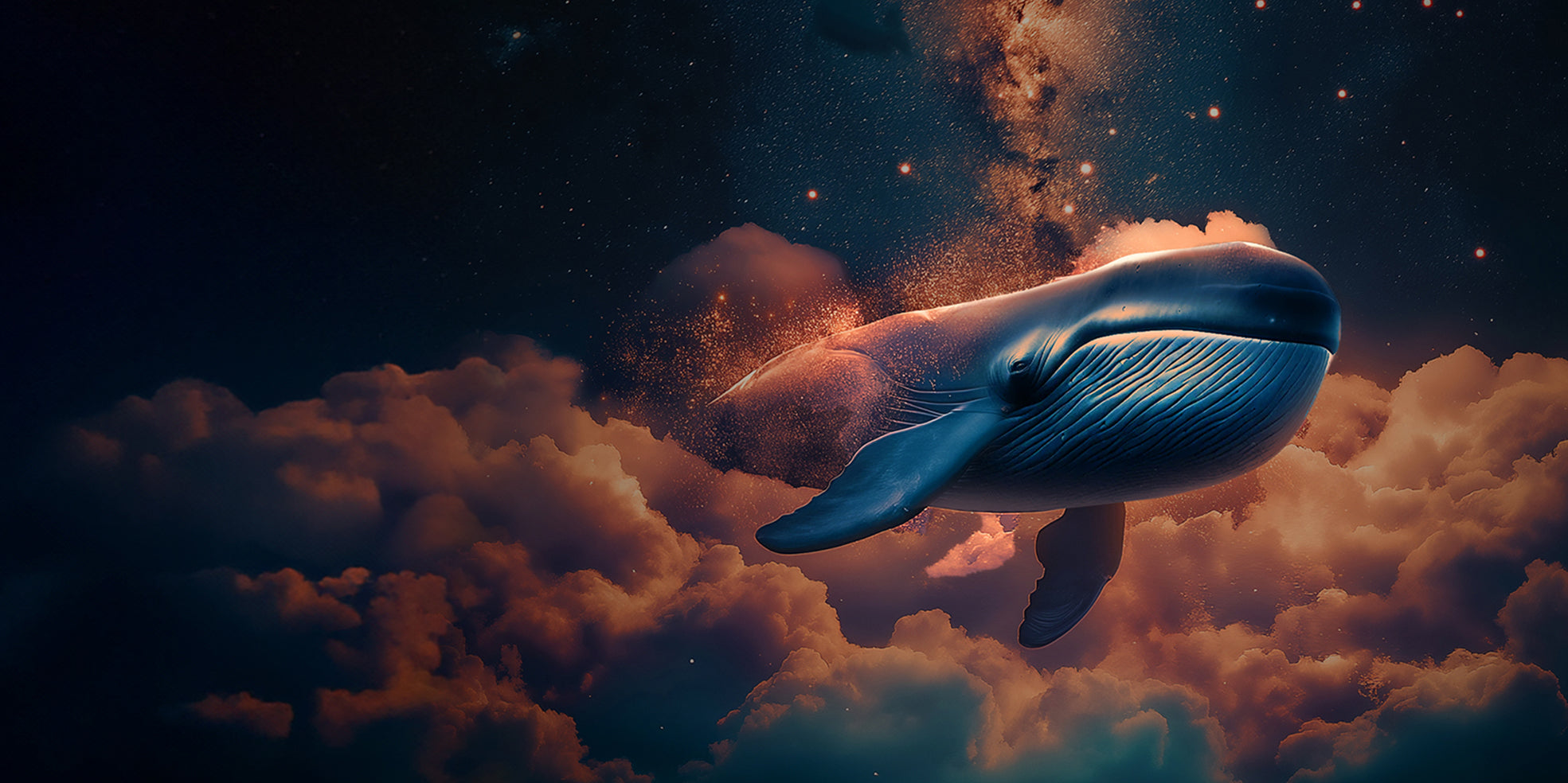 A blue whale floating among clouds and stars in a night sky, with glowing light effects and a cosmic atmosphere — representing the immersive, luxurious world of SULAYM fragrances.