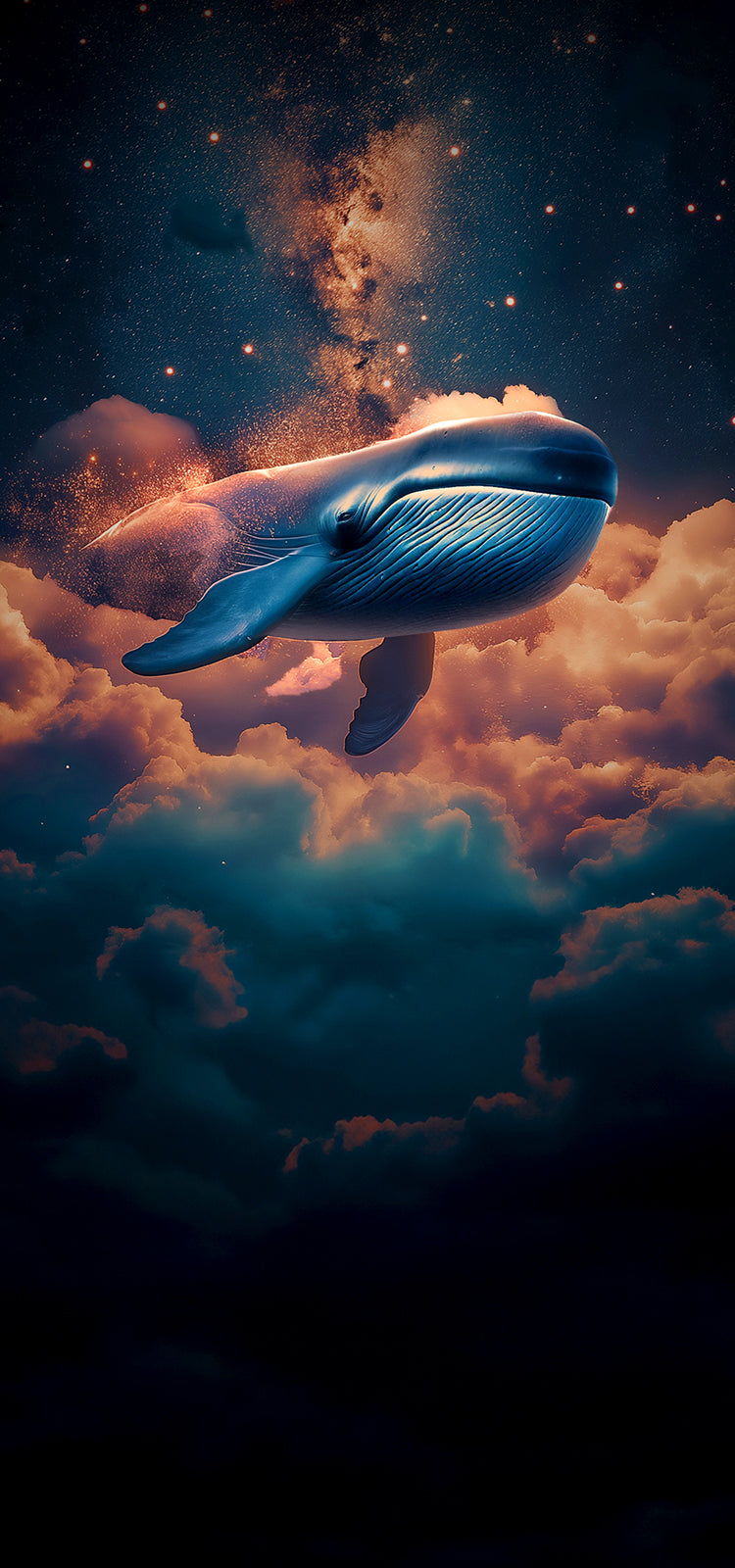 A blue whale floating among clouds and stars in a night sky, with glowing light effects and a cosmic atmosphere — representing the immersive, luxurious world of SULAYM fragrances.