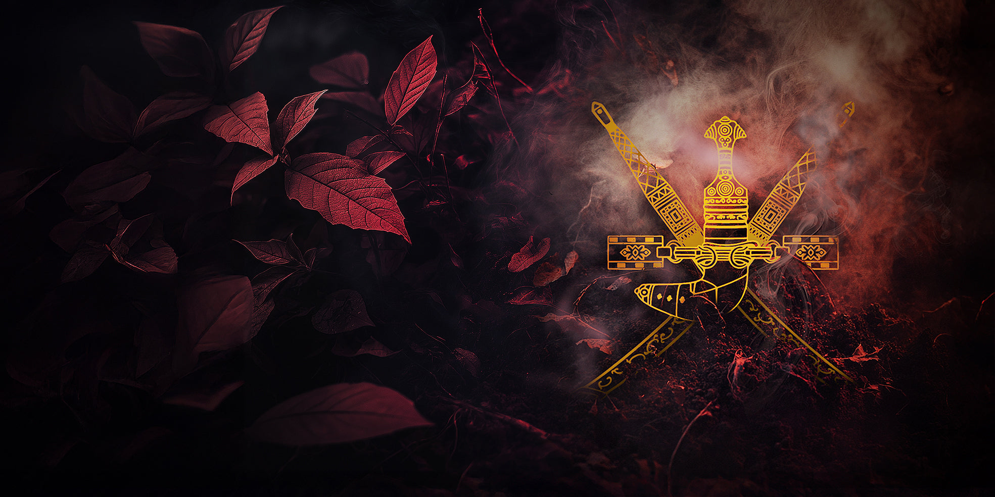 Golden Omani khanjar symbol over dark smoky soil with red leaves – heritage-inspired branding for SULAYM luxury fragrances.