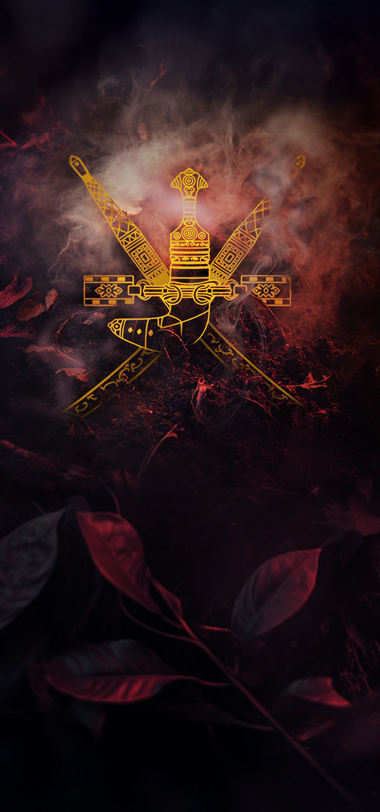 Golden Omani khanjar symbol over dark smoky soil with red leaves – heritage-inspired branding for SULAYM luxury fragrances.