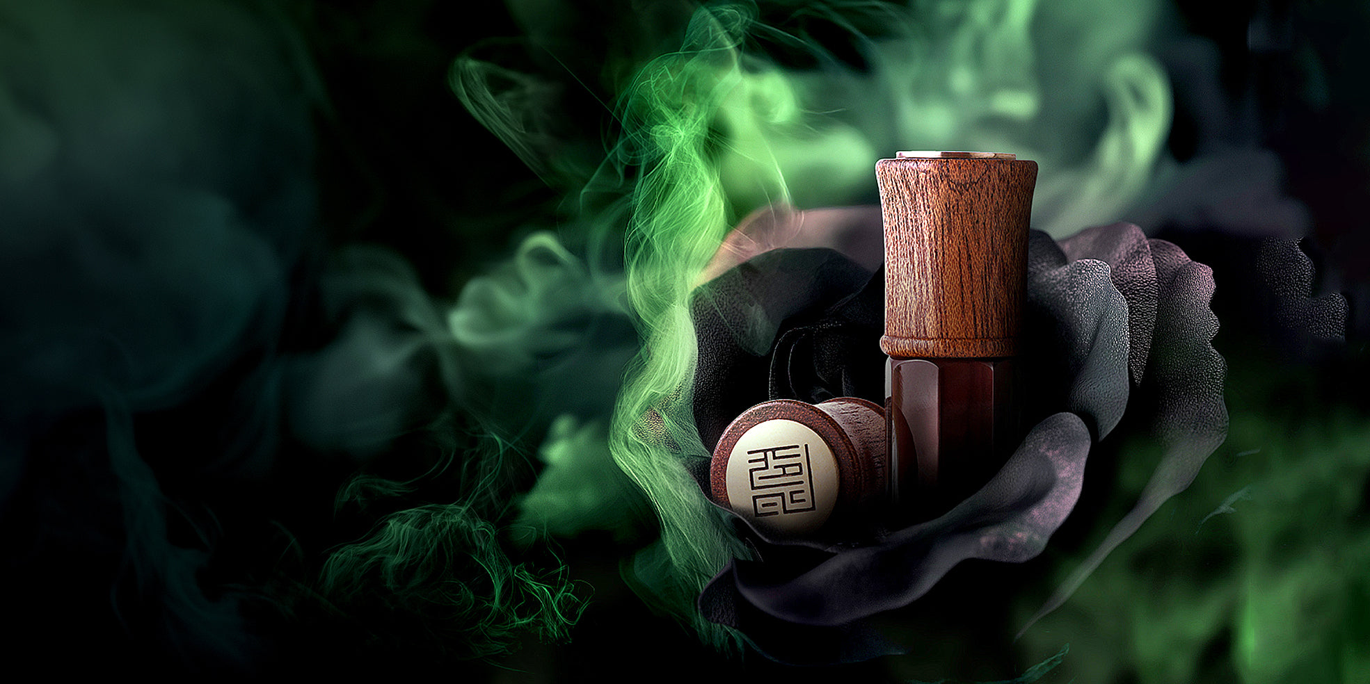 Luxury Arabic perfume bottle with wooden cap nestled in a black rose, surrounded by green smoke – SULAYM artisanal fragrance branding.