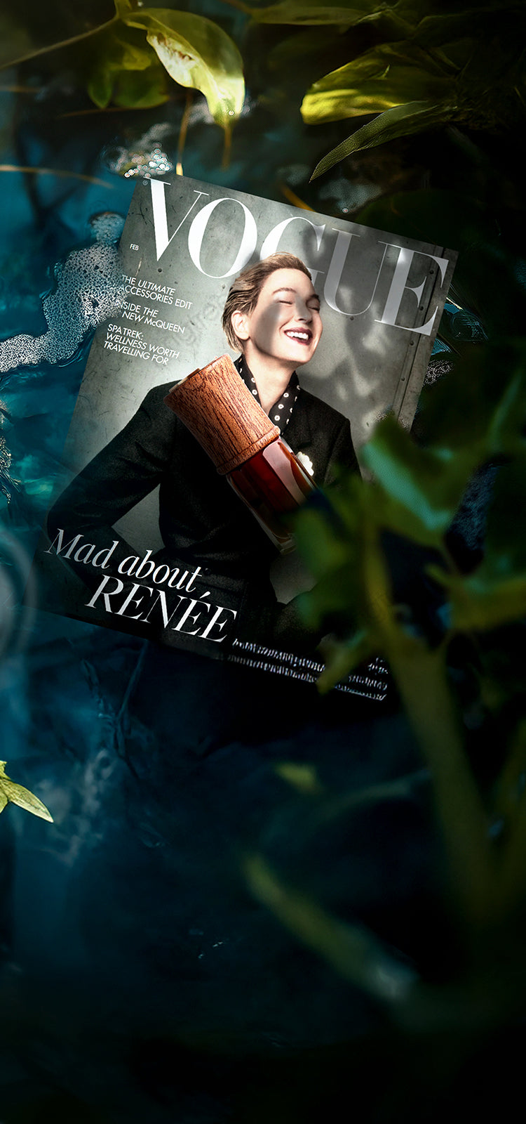 A Vogue magazine featuring Renée Zellweger lies partially submerged in water surrounded by green leaves and bubbles. A luxury SULAYM fragrance bottle with a wooden cap on the cover, highlighting the feature of SULAYM in vogue magazine, blending high fashion with artisanal perfumery.