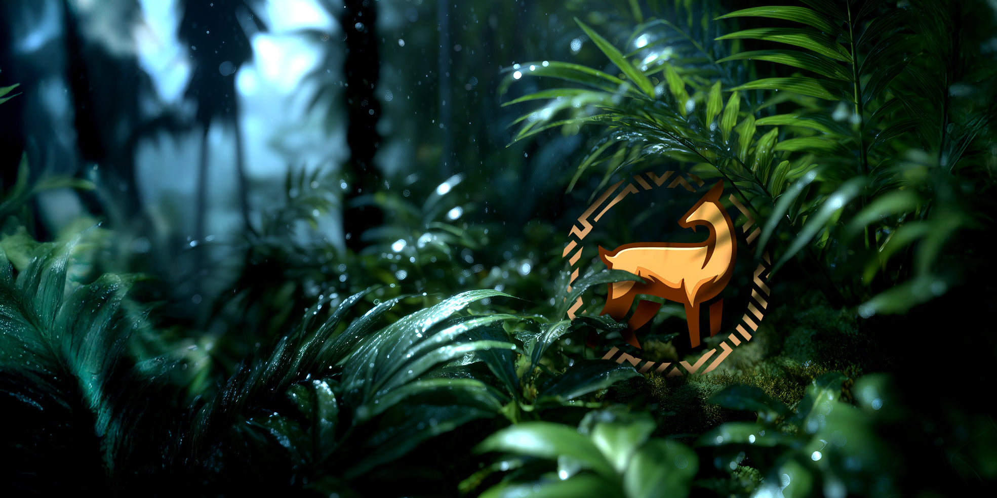 Deer logo sigil amidst lush green foliage