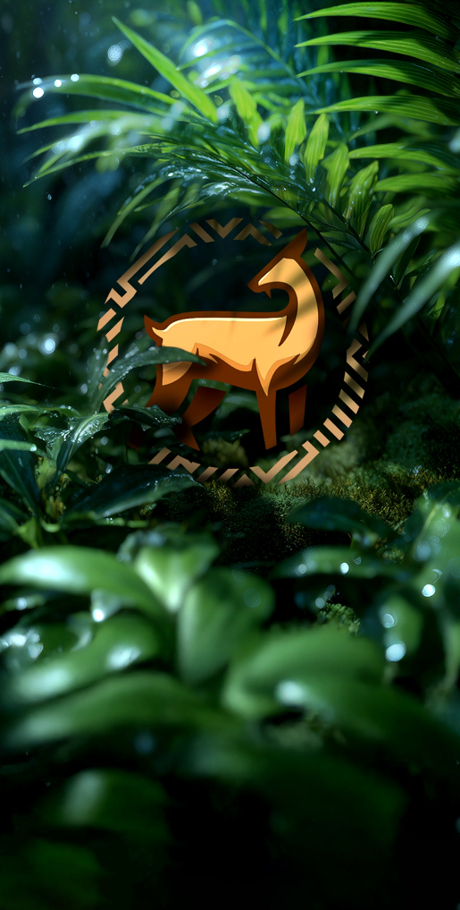 Deer logo sigil amidst lush green foliage