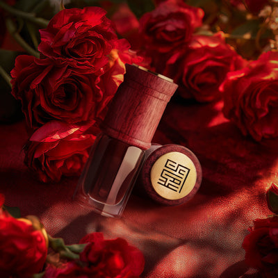 Oud product with wooden cap on a red fabric background with red roses