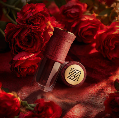 Oud product with wooden cap on a red fabric background with red roses