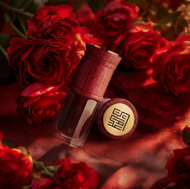Oud product with wooden cap on a red fabric background with red roses